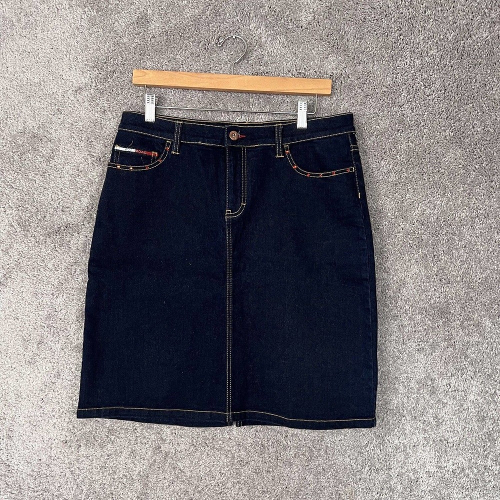Tommy Hilfiger Skirt Womens Size 13 Blue Rhinestones Pockets Cotton Stretch Logo